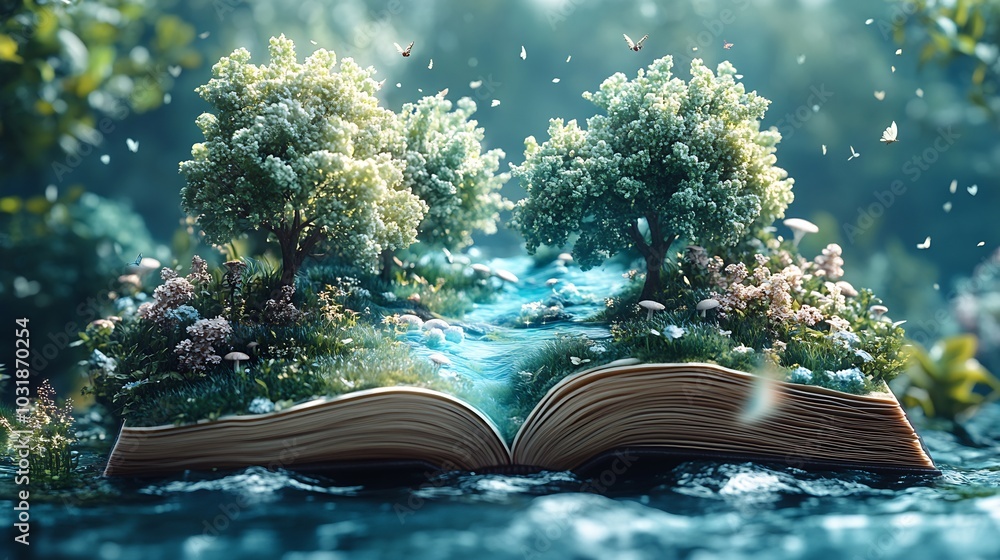 Poster charming 3d scene for world book day showing an open book with a magical landscape unfolding inside 