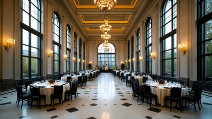 A fundraising gala set in a historic venue with large windows and chandeliers, guests enjoying a seated dinner while an auctioneer takes bids for exclusive items on stage 