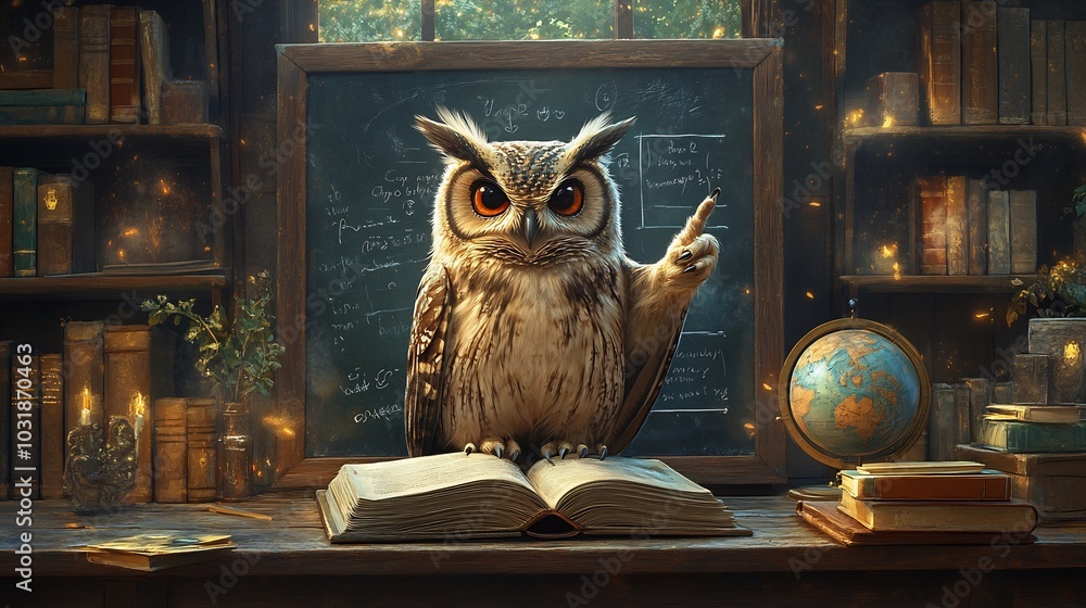 Poster charming classroom setting with an owl teacher at the front pointing to a chalkboard filled with kno
