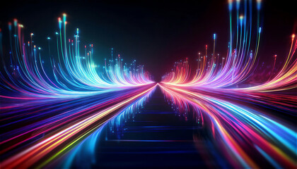 Abstract visualization of information and data exchange, data flow, digital code data streaming on a dark, reflected on the black mirror
