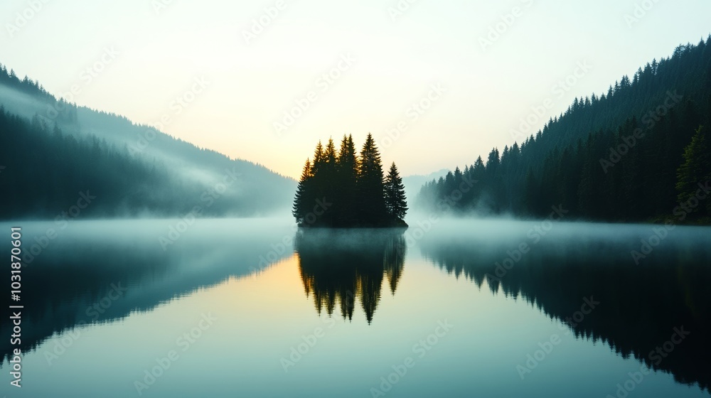 Poster a dense layer of fog gently rolling over a serene lake at sunrise, obscuring the distant trees, with