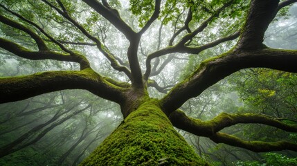 Fototapeta premium Majestic tree canopy a breathtaking perspective of nature's splendor amidst mist and lush greenery in a mystical forest environment