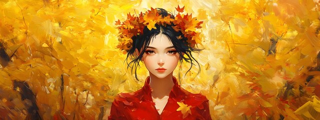 A girl with autumn leaves in her hair, surrounded by golden and red foliage, in the style of Chinese painting