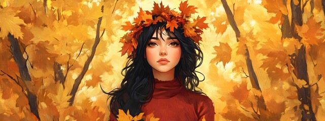 A girl with autumn leaves in her hair, surrounded by golden and red foliage, in the style of Chinese painting