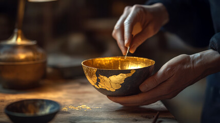 A kintsugi artist in a dimly lit workshop, carefully applying gold lacquer to a broken ceramic bowl.