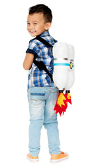 Young boy png sticker, rocket bag, transparent background