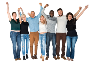 Friends png sticker, group of people raising hands, transparent background
