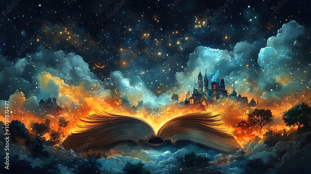 Aufkleber charming flat design cartoon depiction for world book day featuring an open book with swirling stori