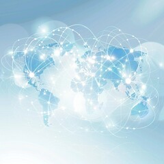 A light blue background with a digital world map
