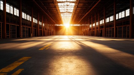 Obraz premium An abandoned industrial warehouse with a sunbeam streaming through a skylight, creating a dramatic and hopeful contrast. The empty space symbolizes potential, transition, and the passage of time.