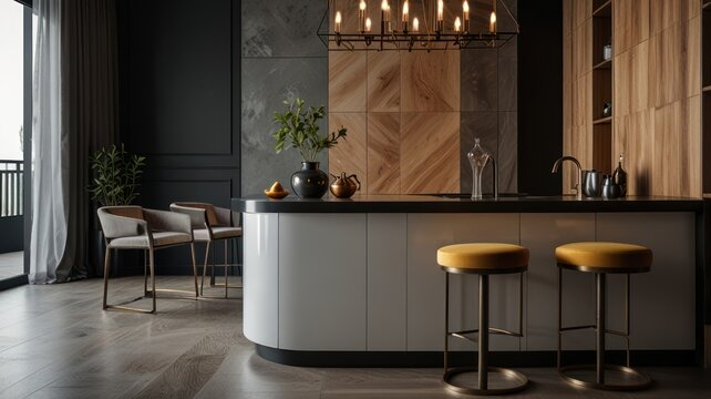 A modern kitchen island with white cabinets, a black countertop, and two yellow stools. There is a plant on the counter, and the backsplash is made of wood and stone.