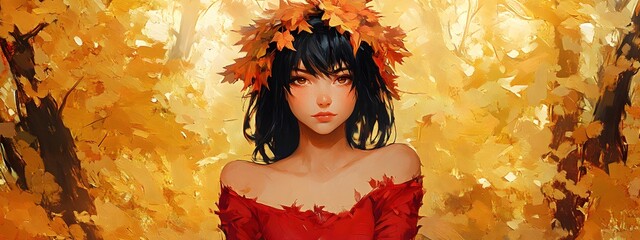 A girl with autumn leaves in her hair, surrounded by golden and red foliage, in the style of Chinese painting