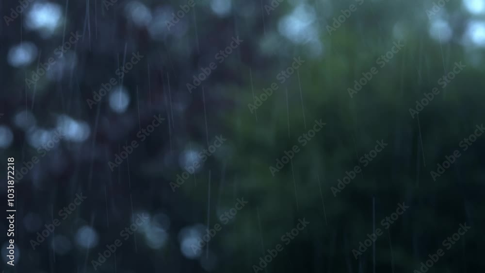 Poster blurred scene of rainfall and trees swaying in wind. handheld