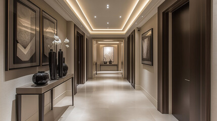 Spacious minimalist hallway with off-white walls, geometric artwork in black frames, and a slim console table holding a single vase