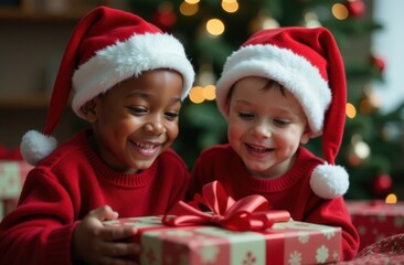 Two little boys in Santa hats, one white and one African American, unwrap Christmas presents under the tree on a festive morning. The atmosphere of New Year and Christmas