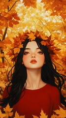 A girl with autumn leaves in her hair, surrounded by golden and red foliage, in the style of Chinese painting