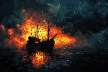 Obraz premium A silhouetted ship sails under a tempestuous sky, illuminated by dramatic flames on the tumultuous sea, depicting adventure and danger.