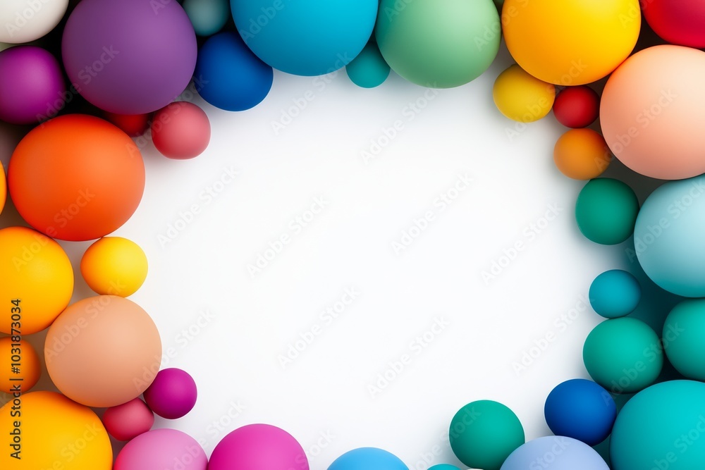 Poster colorful frame of round balloons with white background. balloons are of different colors, sizes, cre