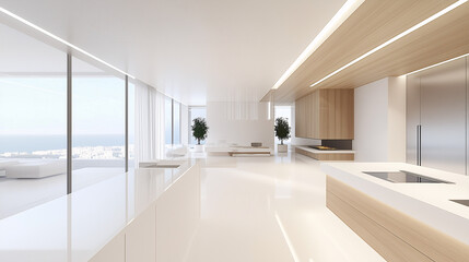 Spacious minimalist kitchen with glossy white countertops, light wood open shelving, and a couple of potted plants for color