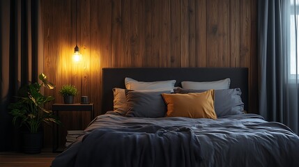 Elegant and Cozy Modern Bedroom Interior Design with Stylish Decor, mockup, poster and Background