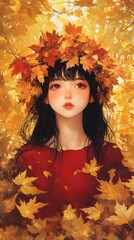 A girl with autumn leaves in her hair, surrounded by golden and red foliage, in the style of Chinese painting