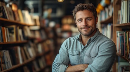 Man is standing in a library with his arms crossed and a smile on his face. man with short, neatly styled brown hair, clean-shaven, and a warm smile. He wears a casual button-up shirt and jeans