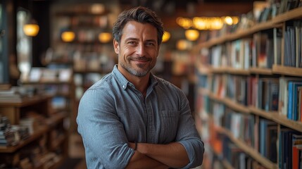 Obraz premium Man is standing in a library with his arms crossed and a smile on his face. man with short, neatly styled brown hair, clean-shaven, and a warm smile. He wears a casual button-up shirt and jeans