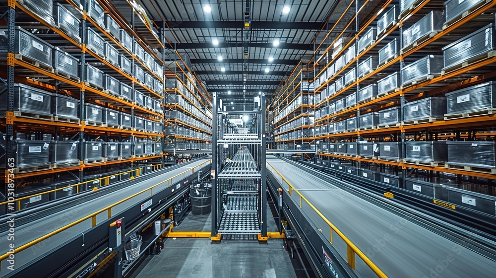 Aufkleber a modern warehouse with automated shelving and conveyor systems for efficient storage and retrieval.