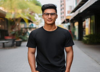 Young man with glasses wearing black t-shirt standing outside. Mockup design for black t-shirt. 