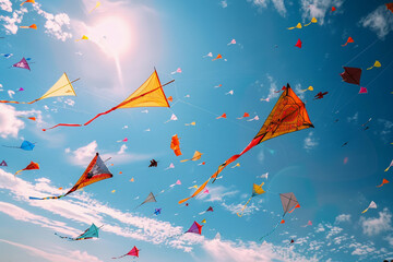 Beautiful greeting card with colorful kites soaring high above vibrant sky to holiday composition