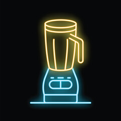 Glowing neon icon of an electric blender with buttons for making healthy smoothies