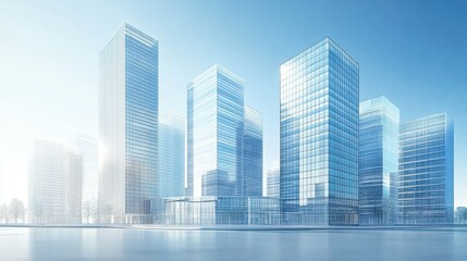 Obraz premium A realistic photo of multiple modern skyscrapers in a dense urban area, their mirrored surfaces reflecting nearby buildings, with clear blue skies and open copy space in the upper portion of the image