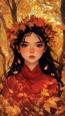 A girl with autumn leaves in her hair, surrounded by golden and red foliage, in the style of Chinese painting