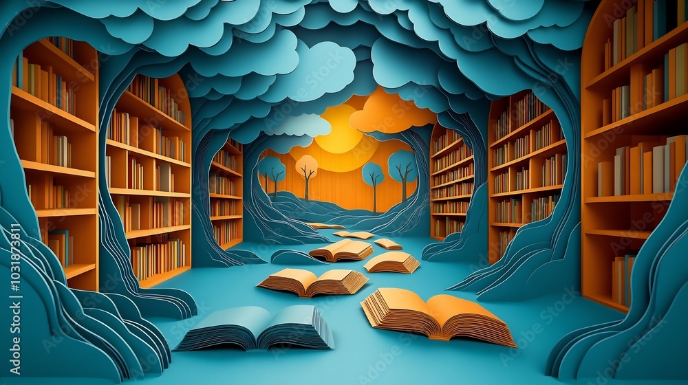 Poster charming paper cut style illustration of a library with open books creating pathways among the shelv