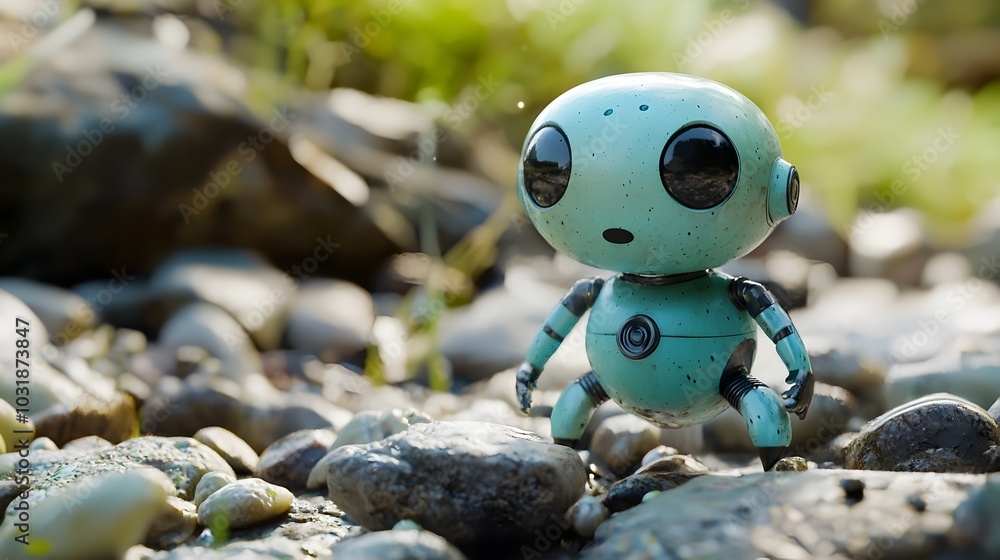 Poster tiny hovering virtual pet alien exploring natural environment