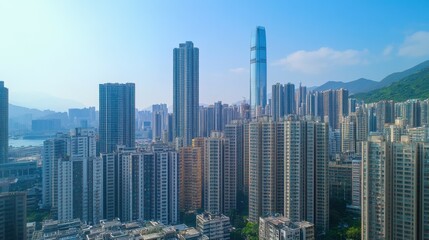 Naklejka premium A realistic photo of multiple modern skyscrapers in a dense urban area, their mirrored surfaces reflecting nearby buildings, with clear blue skies and open copy space in the upper portion of the image