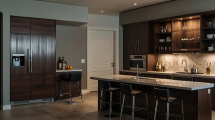 A modern kitchen with dark wood cabinets, a large island with bar stools, and a white marble countertop.