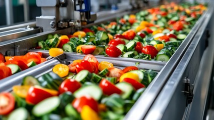 Automated food processing machine slicing vegetables in a factory setting. This image is a close-up of the conveyor belt, showcasing the precision and efficiency of modern food production.