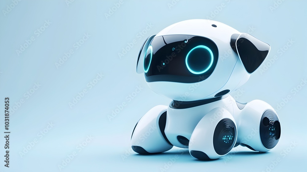 Poster intelligent virtual pet robot dog with sleek futuristic design and interactive features