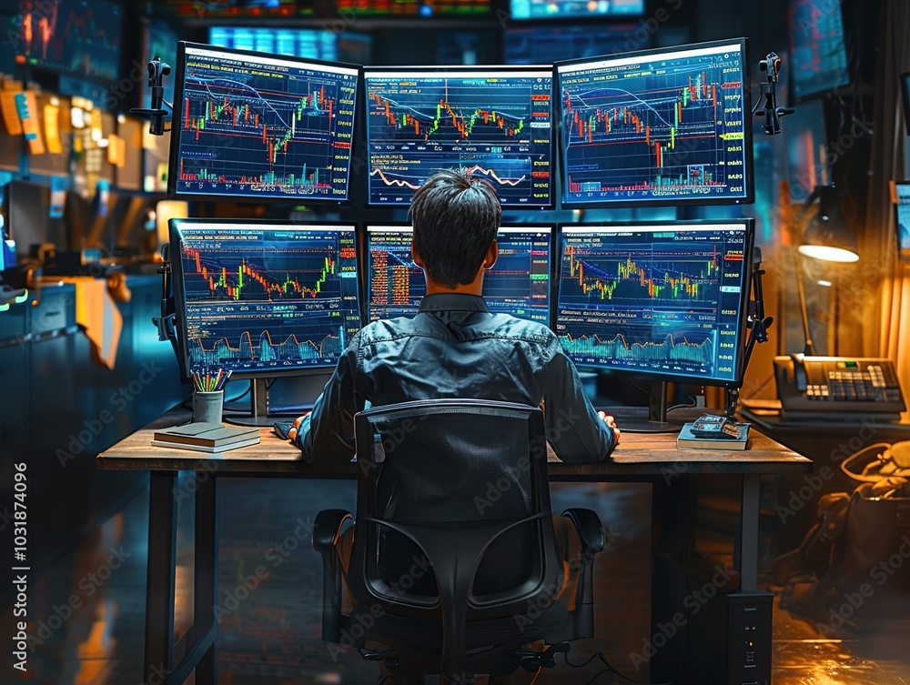 Aufkleber a person analyzing financial data on multiple screens in a trading environment.