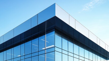 Obraz premium A close-up of the corner of a sleek modern office building, with angled glass panes catching reflections of nearby structures, leaving copy space in the sky and surrounding area