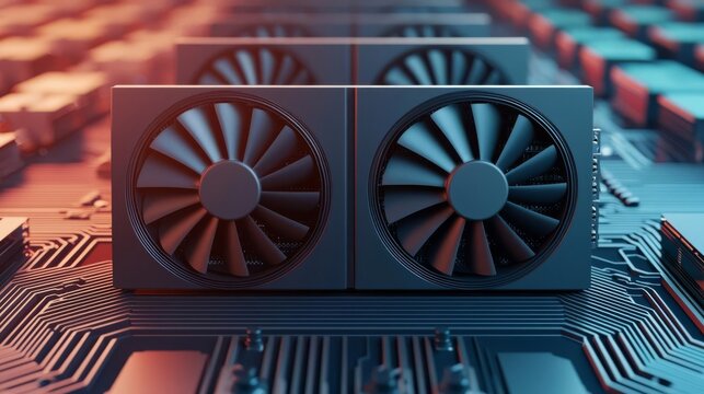 Multi-GPU setup for parallel processing, data threads, 3D illustration