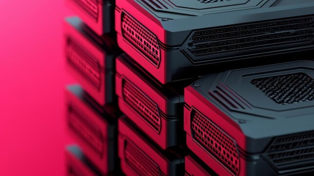 Server stack, synchronized GPUs processing data, 3D illustration
