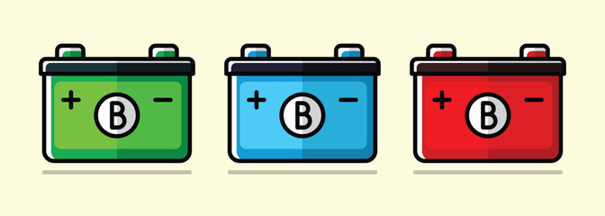 Illustration of three car batteries in green, blue, and red with plus and minus signs on a beige background.