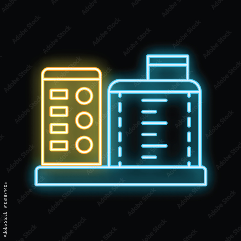Poster glowing neon sign representing remote control of smart building system with a smartphone app on blac