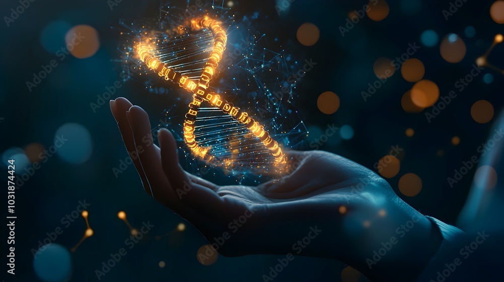 Poster scientist s glowing dna strand with flowing binary code symbolizing fusion of biology and technology