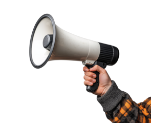 A hand holds a white megaphone, pointing it upwards against a gray background.