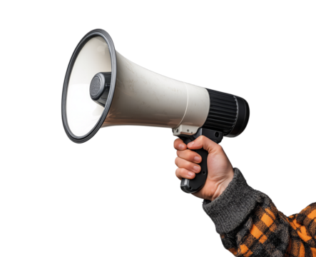 A hand holds a white megaphone, pointing it upwards against a gray background.