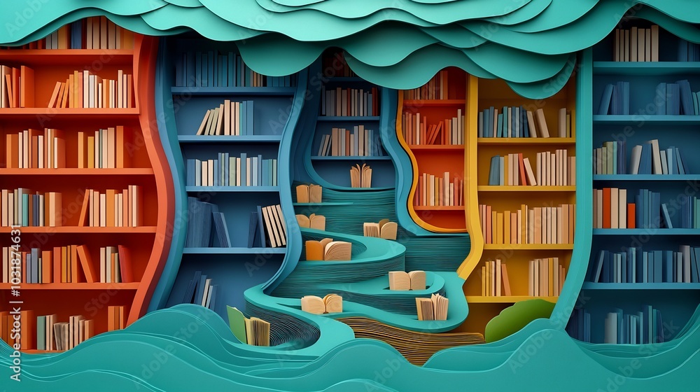 Poster charming paper cut style illustration of a library with open books creating pathways among the shelv