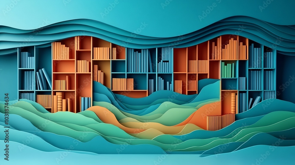 Poster charming paper cut style illustration of a library with open books creating pathways among the shelv